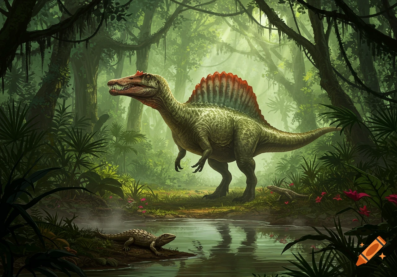 A Spinosaurus with a reddish-orange sail stands in a lush, green jungle by a stream, with a smaller reptile near the water.