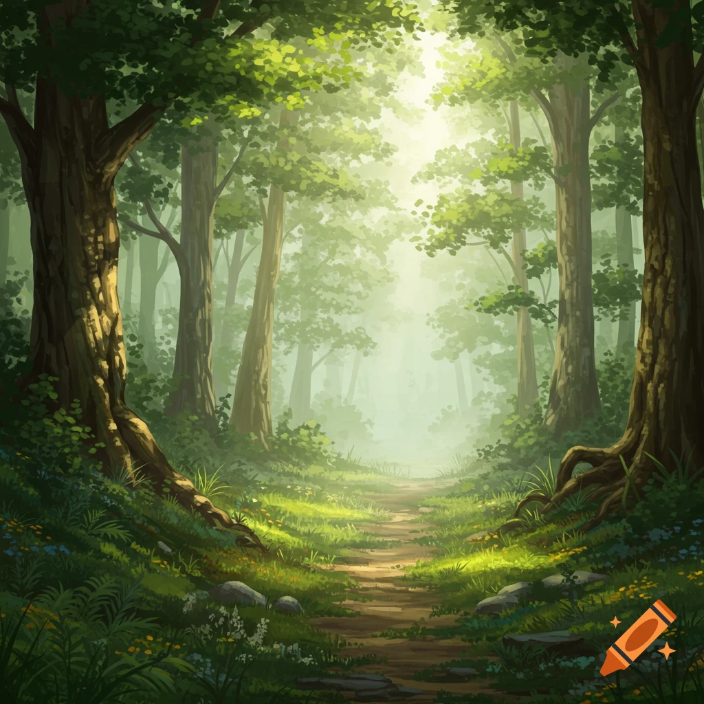 A serene, illustrative path winding through a misty, sunlit green forest with tall trees and lush foliage.