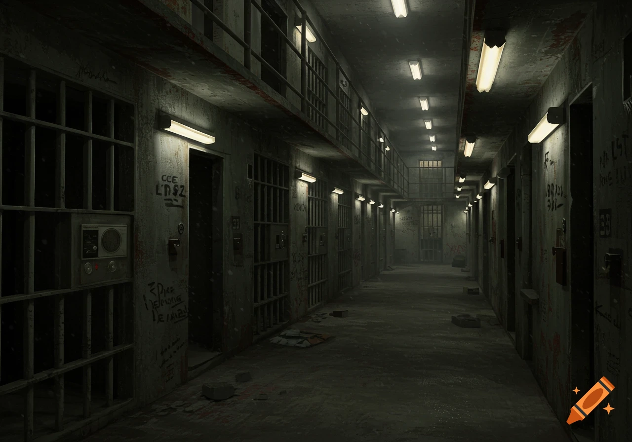 A long, dark 1980s prison hallway with cell doors and bars on both sides, dimly lit by fluorescent lights, covered in graffiti.