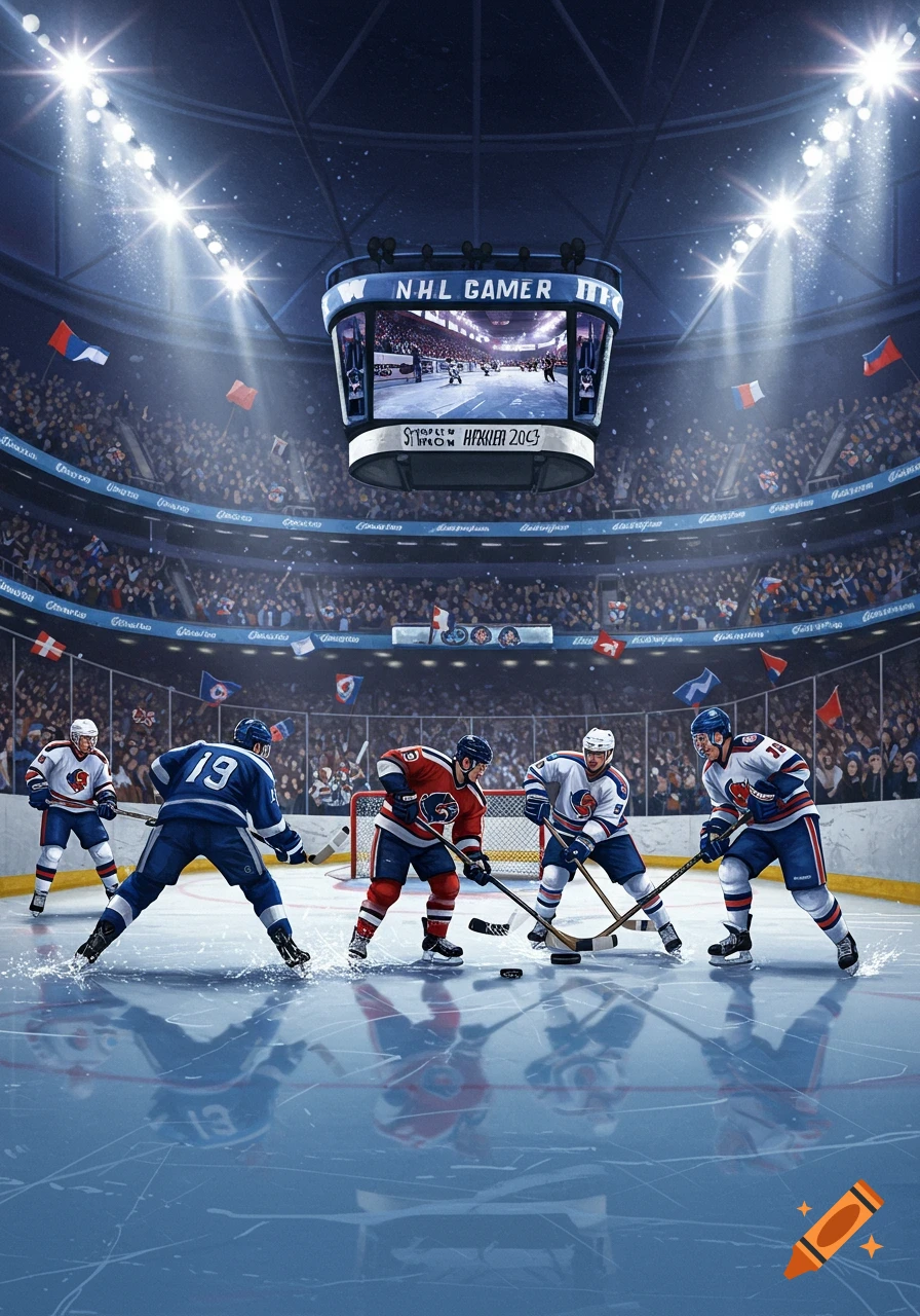 An ice hockey game in a brightly lit stadium, with players on the ice and a large scoreboard overhead showing the action.