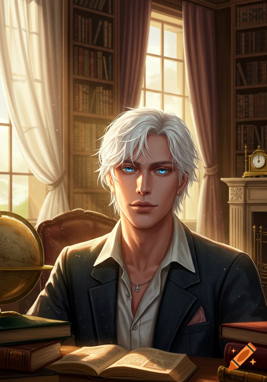 A stylish man with white hair and bright blue eyes sits at a desk in a sunlit library, an open book and globe before him.