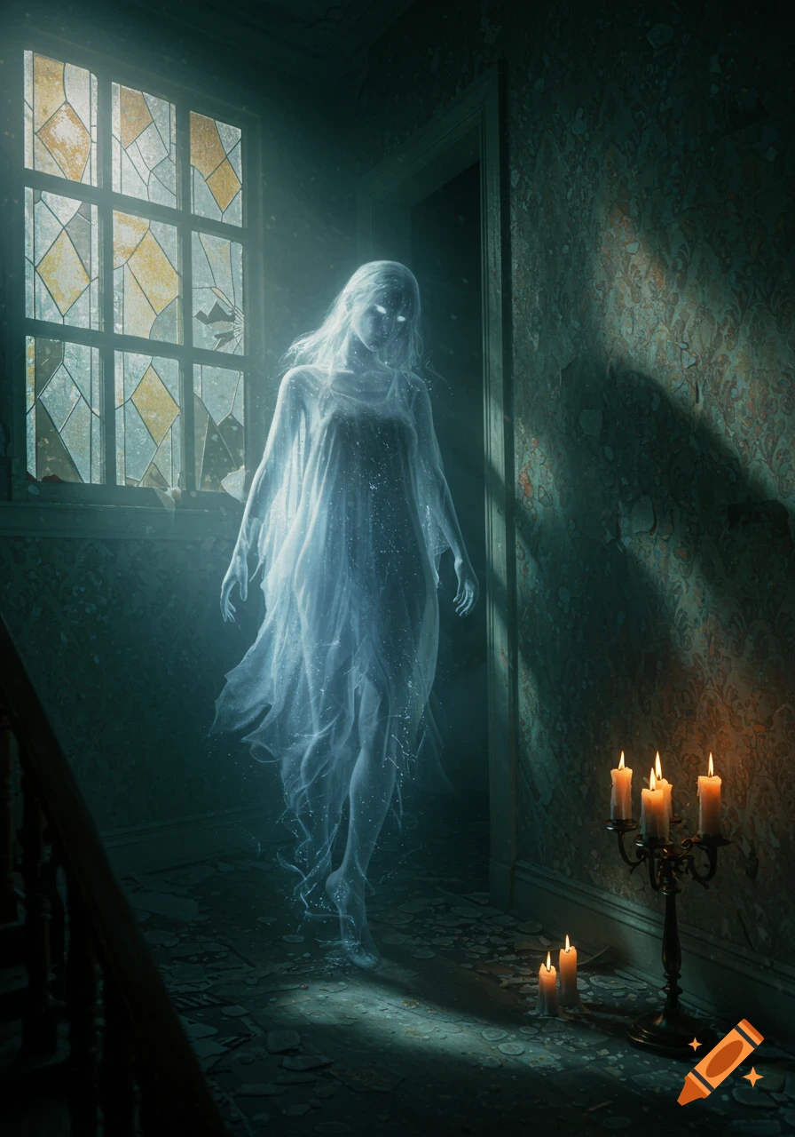 A translucent, glowing ghost with long hair floats in a dimly lit, dilapidated room with a broken stained-glass window and lit candles.