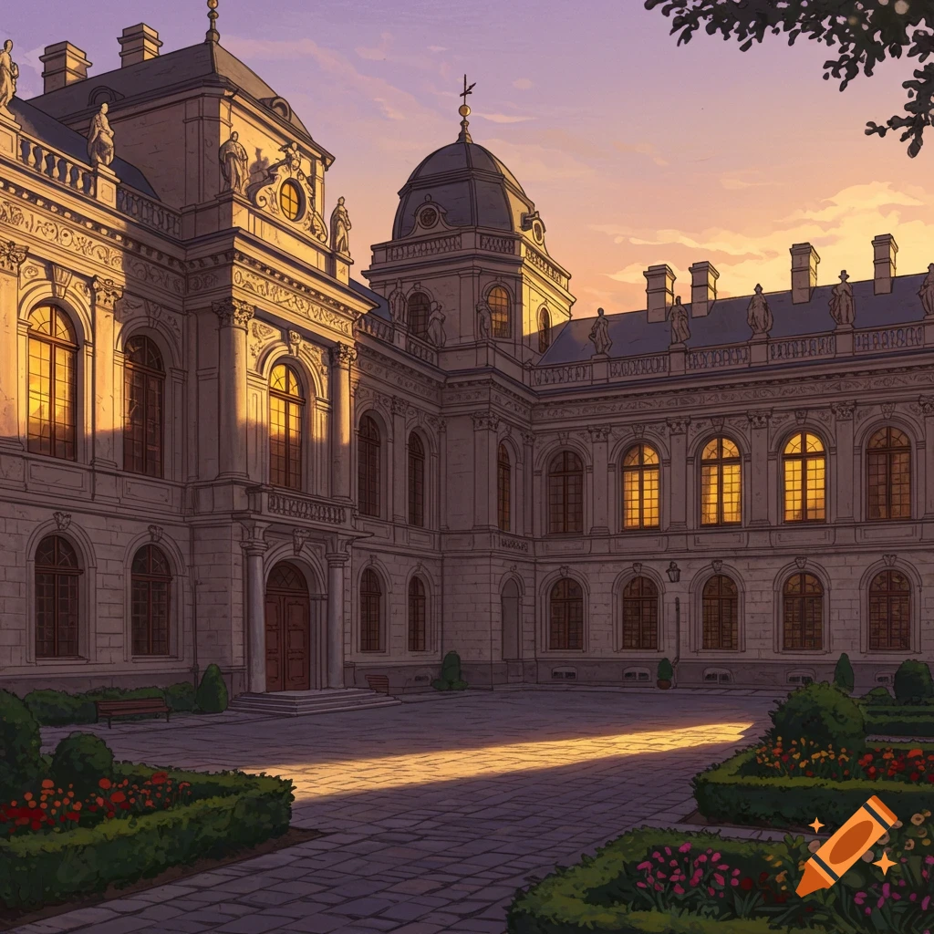 A grand classical-style building surrounds a paved courtyard with gardens, bathed in the warm light of a sunset.