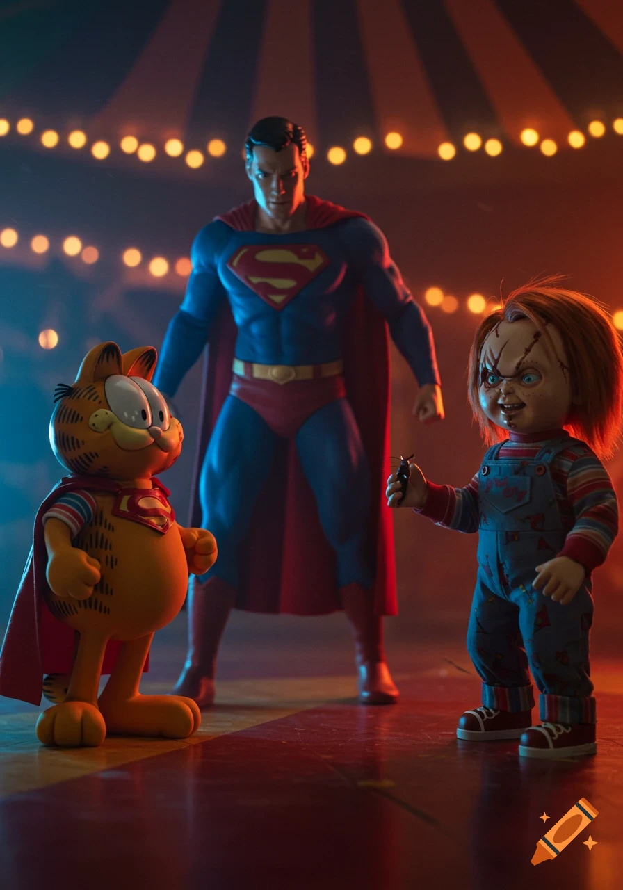 Photorealistic Superman stands behind Garfield in a cape and Chucky holding a bug, under circus lights with blue and red hues.
