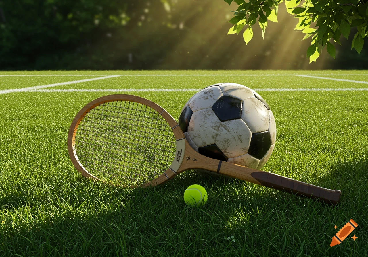 A close-up shot of a worn soccer ball, a vintage wooden tennis racket, and a bright yellow tennis ball resting on a grassy sports field under dappled sunlight.