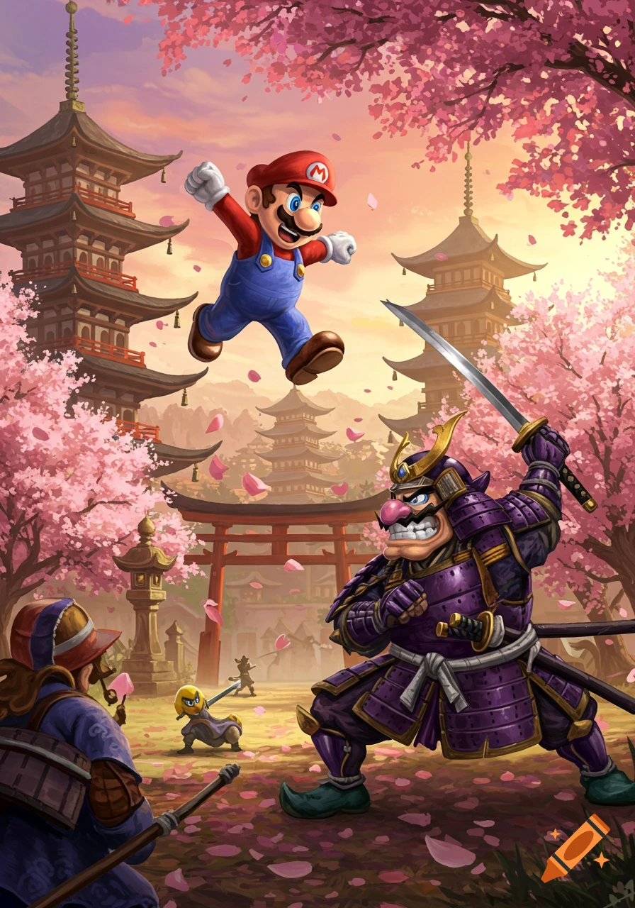 Digital illustration of Mario jumping over Samurai Wario, who wields a katana in a cherry blossom Japanese landscape with pagodas.