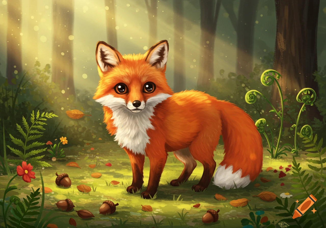 A cute, orange cartoon fox with big eyes stands in a dappled forest clearing amidst ferns, leaves, and acorns.