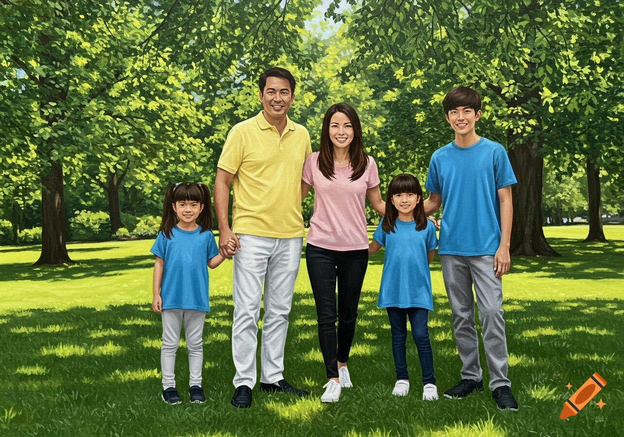 A family of five, including a father, mother, son, and two daughters, poses in a sunlit park with lush green trees and grass.
