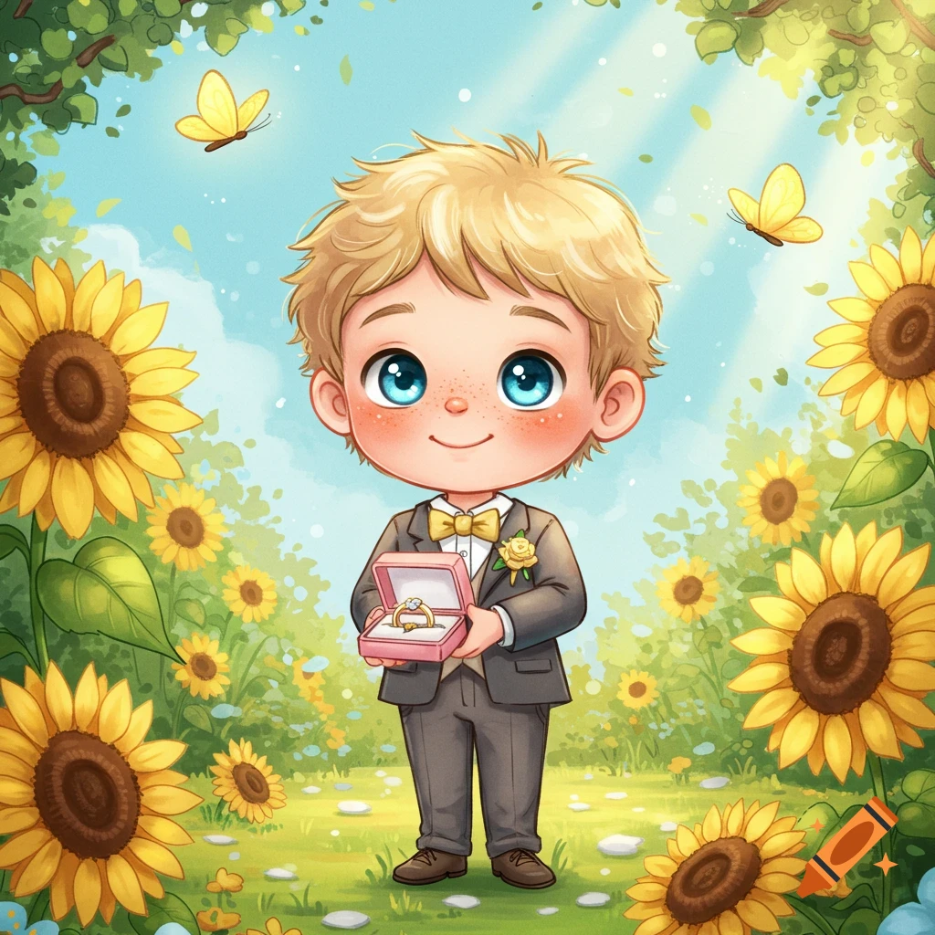 A brave, happy cartoon boy with blonde hair and blue eyes holds a box of wedding rings amidst sunflowers and butterflies in a sunny field.