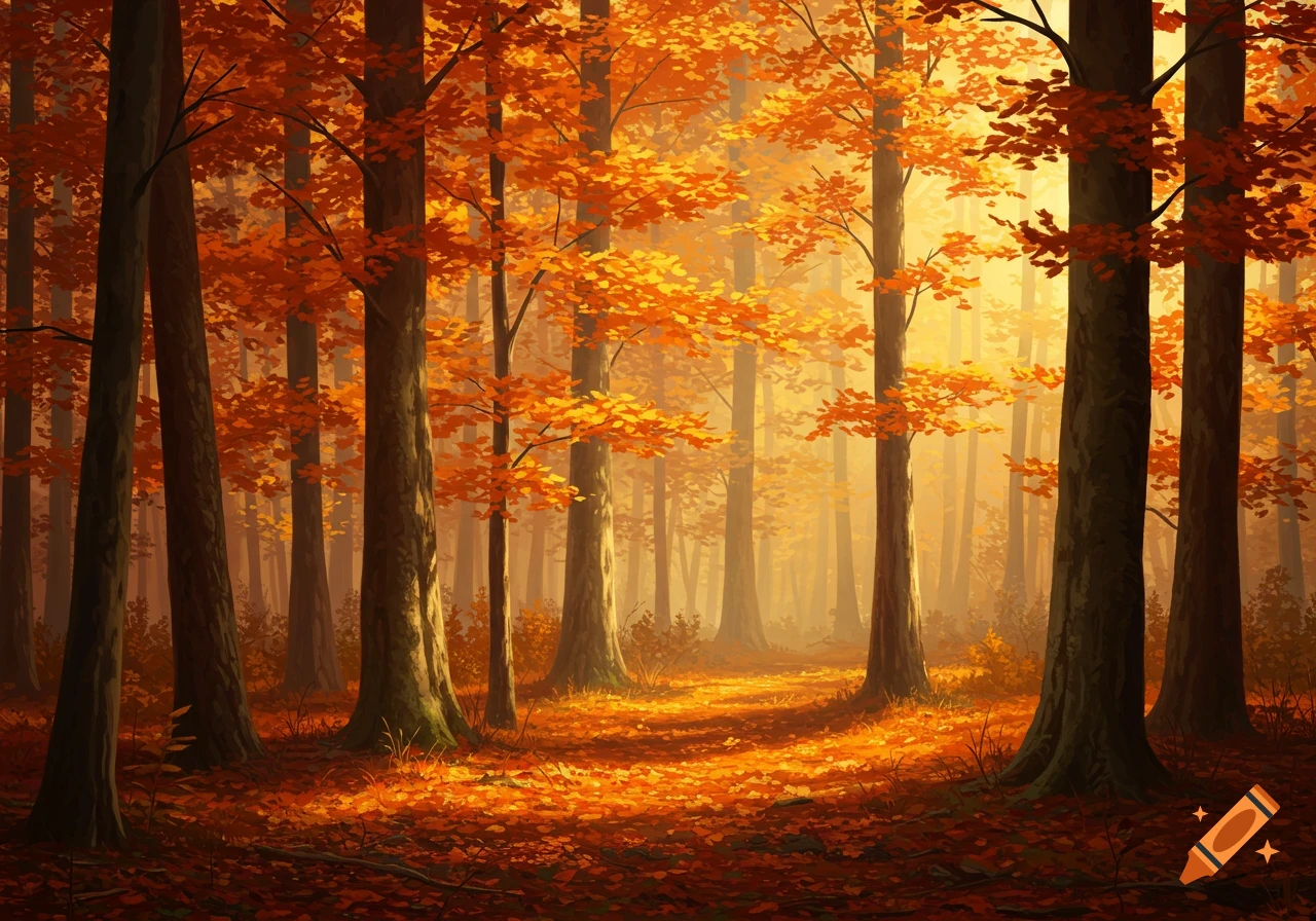 A vibrant autumn forest scene with tall trees, golden-orange leaves, and sunlit paths.