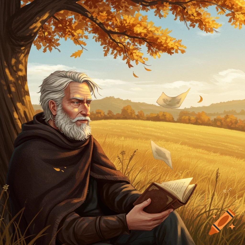 An old man with a grey beard sits under a vibrant autumn tree in a field, reading a book, with papers floating around him in a painterly style.