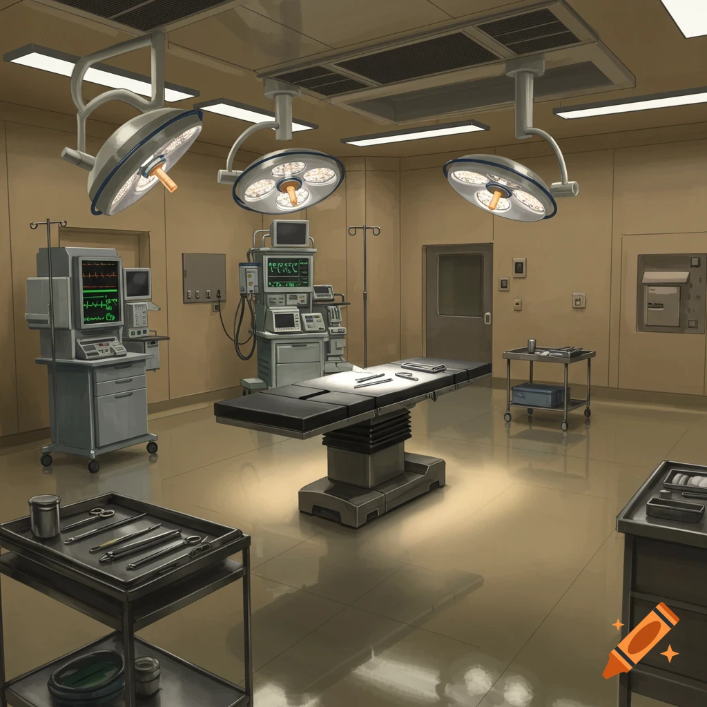 An empty, brightly lit operating room with a central operating table, medical equipment, and overhead surgical lamps.
