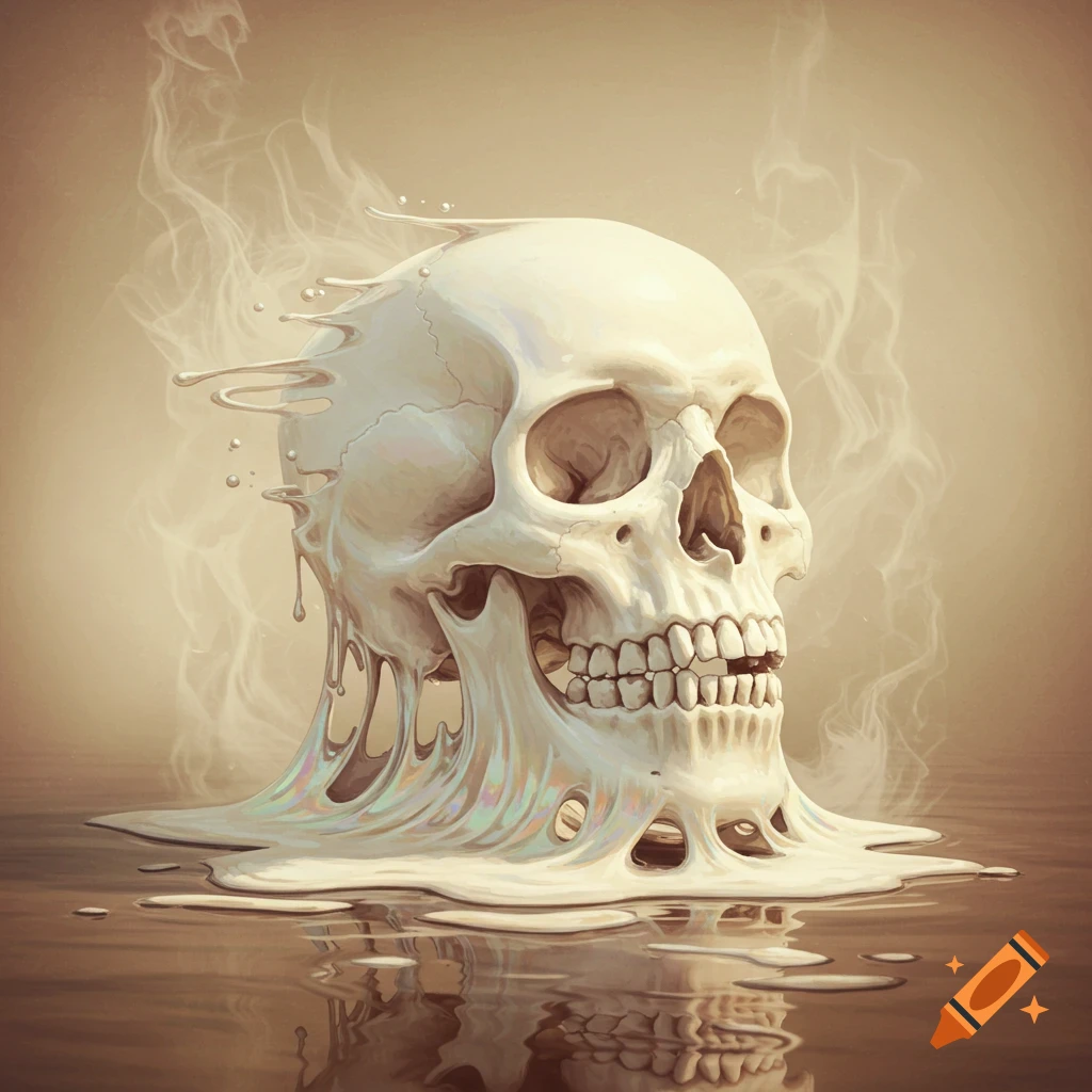 A melting white skeleton skull dripping into reflective liquid, surrounded by smoke in a stylized, surreal illustration.
