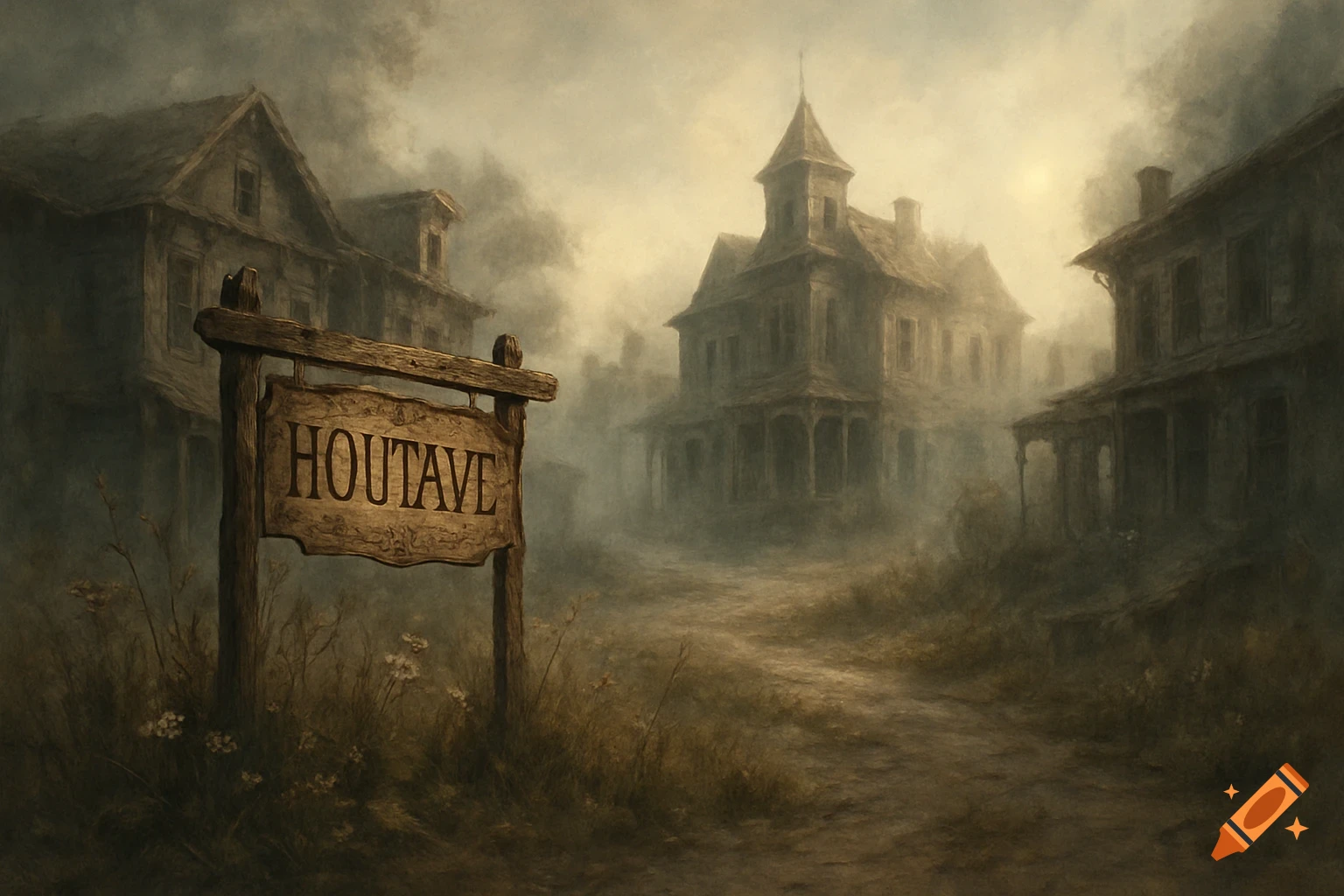 A foggy, atmospheric scene of an abandoned 1800s-era town with dilapidated houses and a wooden sign reading "HOUTAVE".