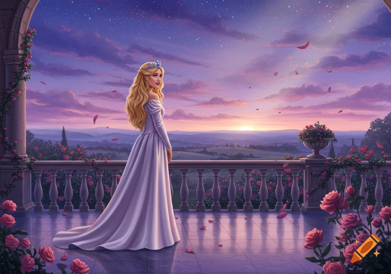 A princess in a white gown stands on a rose-filled balcony, looking over a valley at a purple and pink sunset.