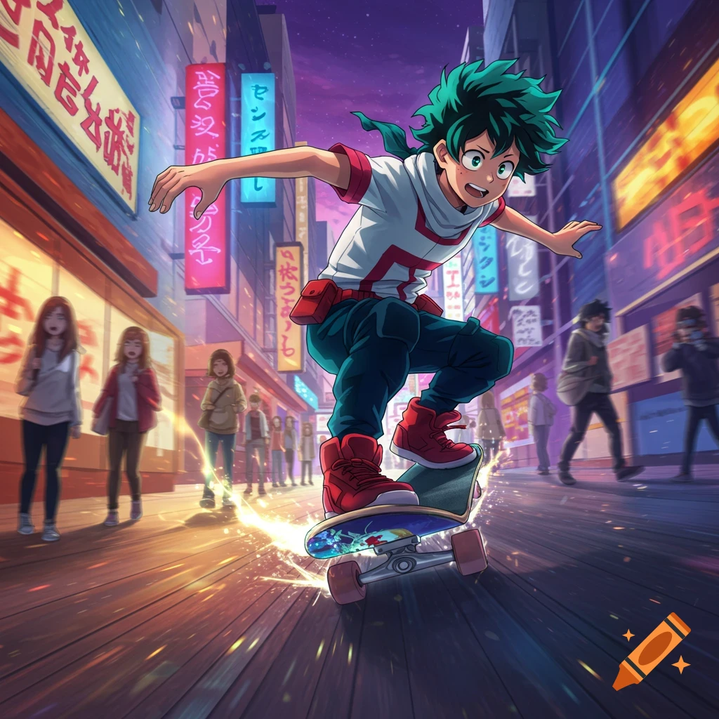 A vibrant anime illustration of Midoriya from My Hero Academia skateboarding down a neon-lit city street at night.