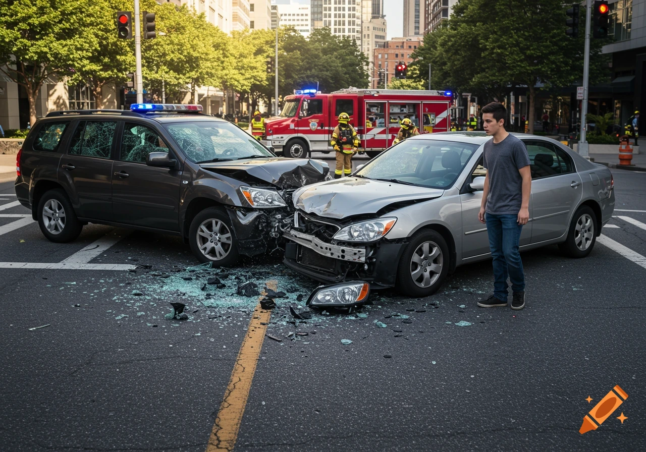 Photorealistic car crash scene: two crumpled cars, scattered glass, a shocked man, and emergency responders in a city street.