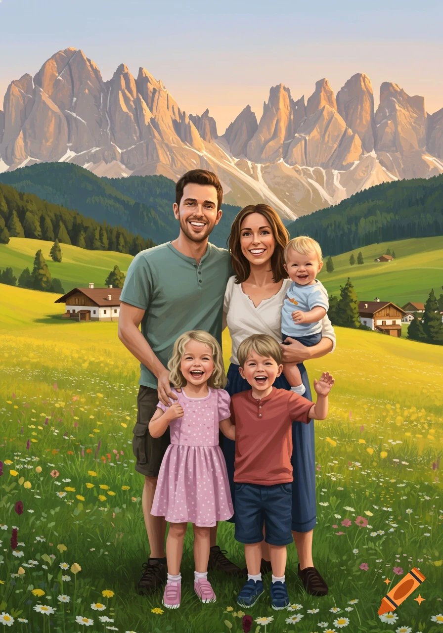 An illustrated family portrait featuring a man, woman, and three happy children in a flowery mountain field with houses.