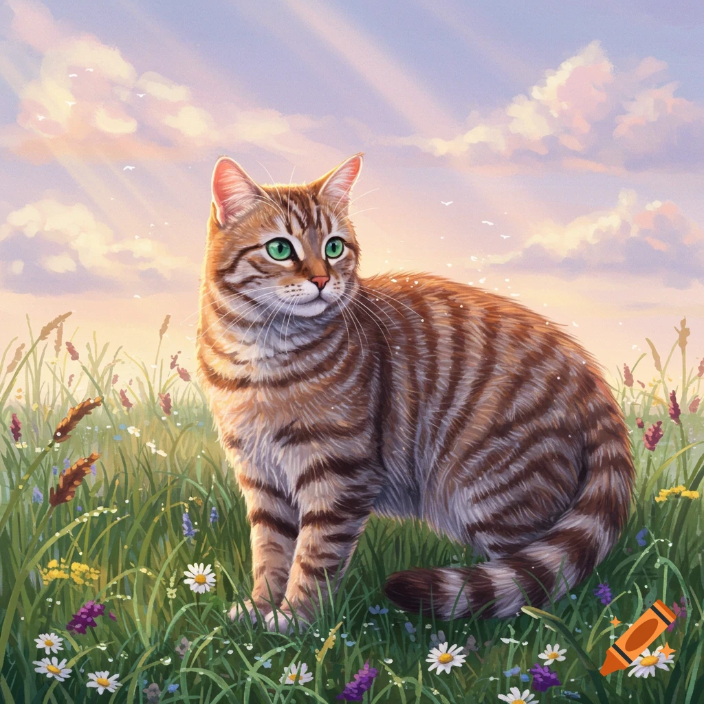A tabby cat with bright green eyes sits in a vibrant green meadow filled with wildflowers under a soft, cloudy sky with sun rays.