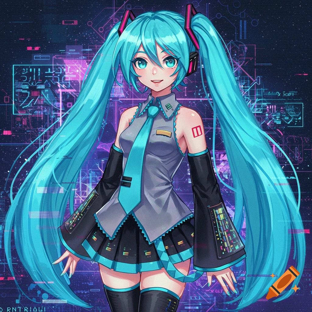 An anime illustration of Hatsune Miku with long teal pigtails, blue eyes, and headphones, wearing her signature outfit, against a futuristic digital circuit background.