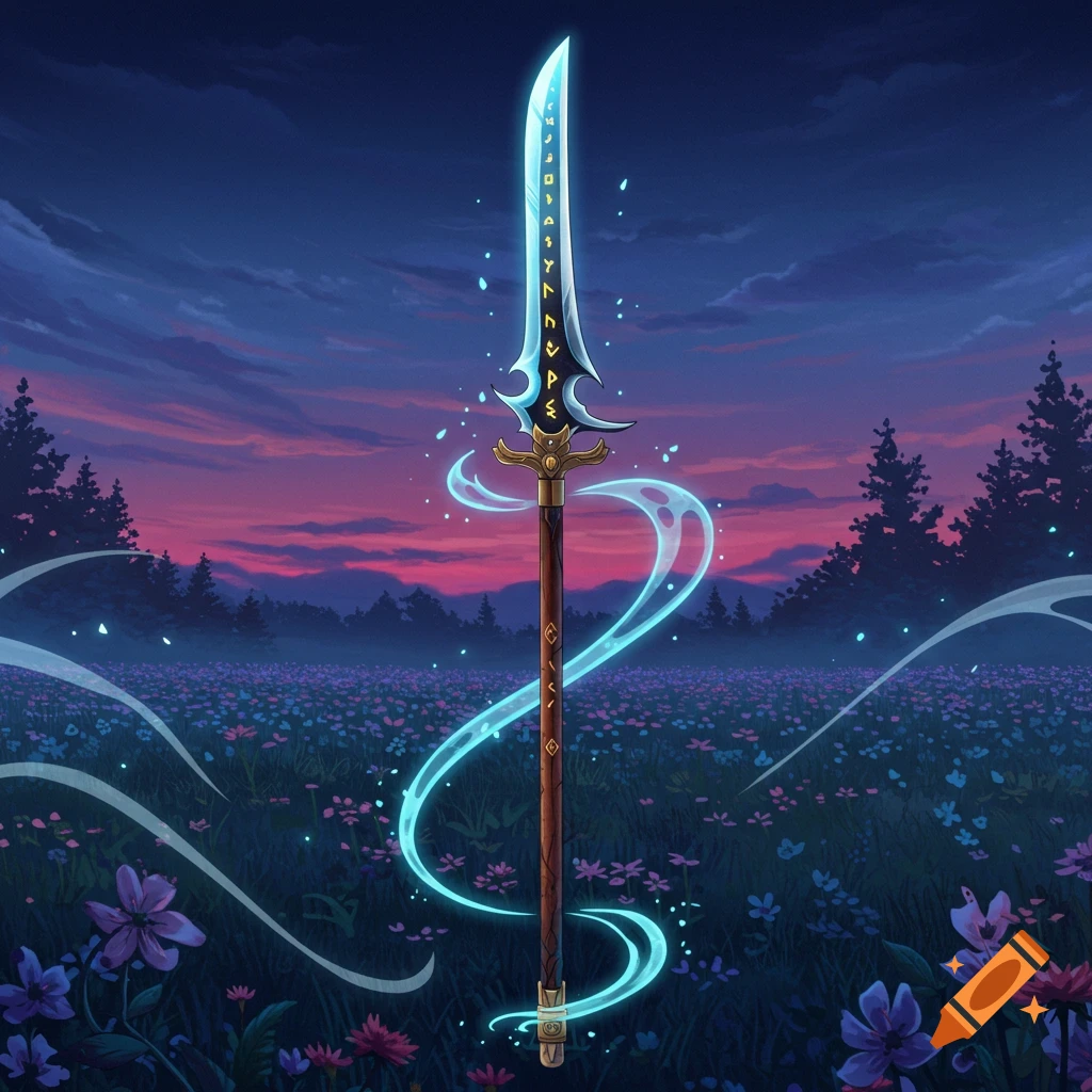 A glowing blue naginata with ornate runes stands upright in a field of colorful wildflowers at dusk, with a purple and orange sky.