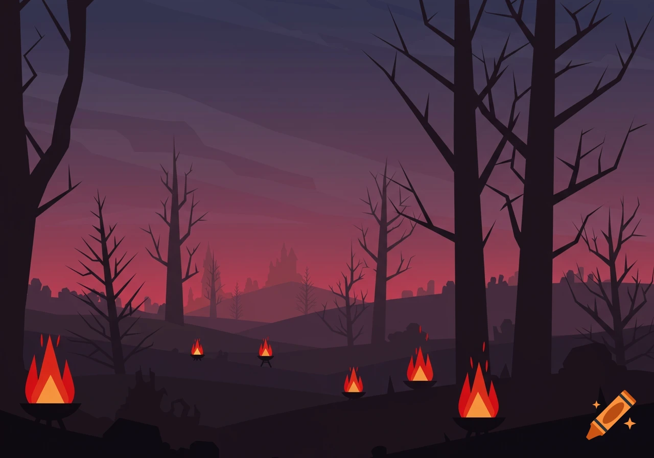 A stylized gothic landscape at dusk with bare trees, burning fires in braziers, and a distant castle under a purple and red sky.