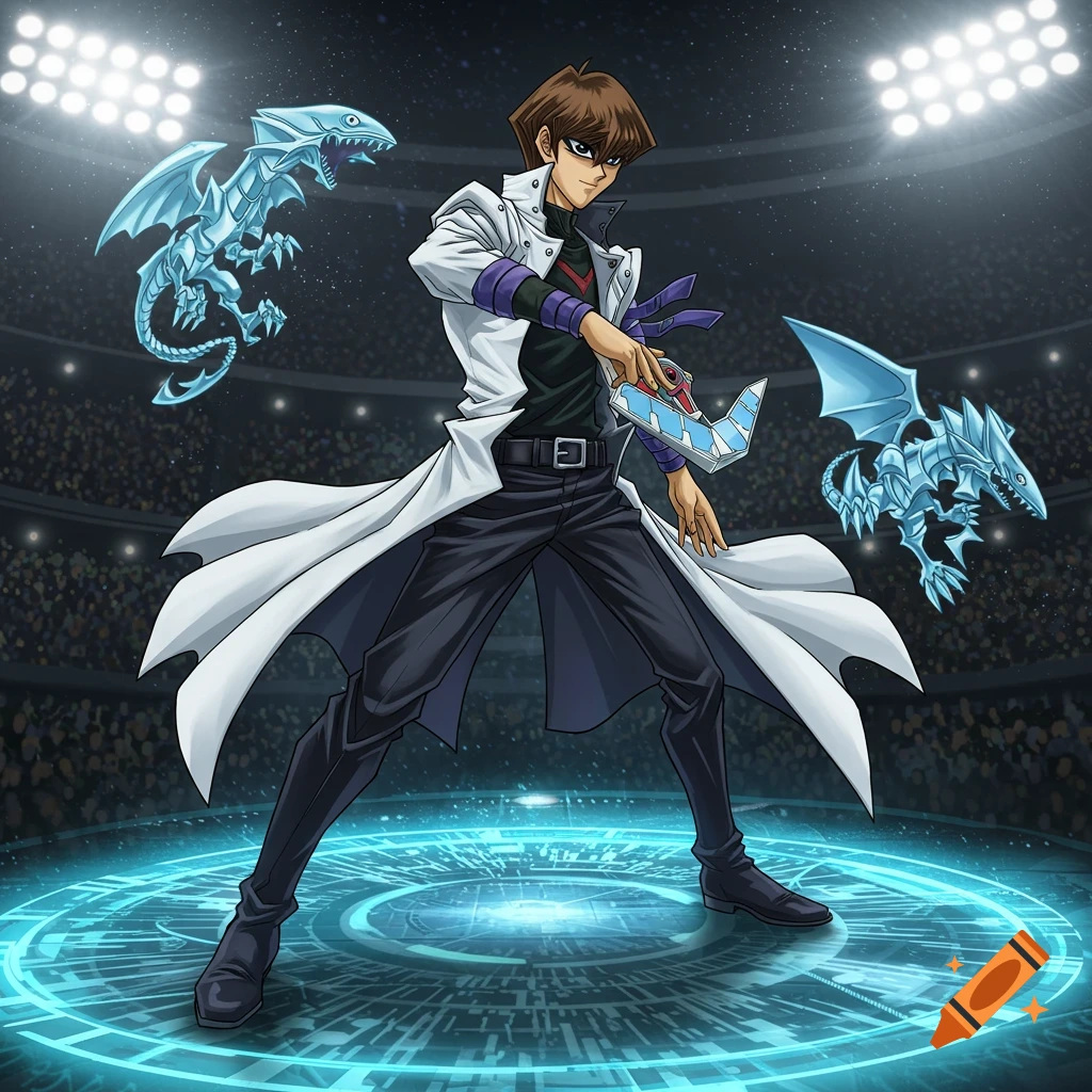 Seto Kaiba in a white coat, wielding a duel disk, with two Blue-Eyes White Dragons, in a stadium.