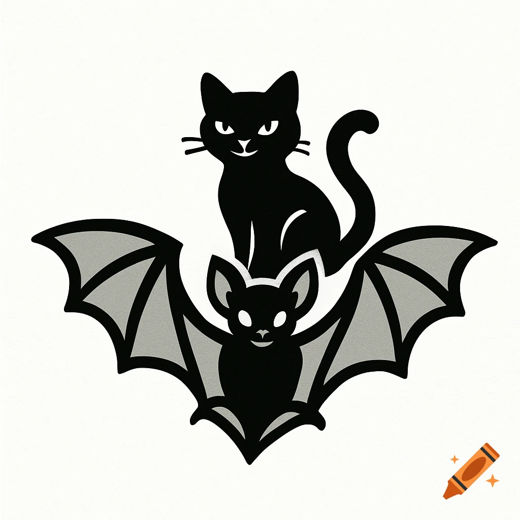 A simple graphic illustration of a black cat sitting on a black bat with gray wings on a white background.