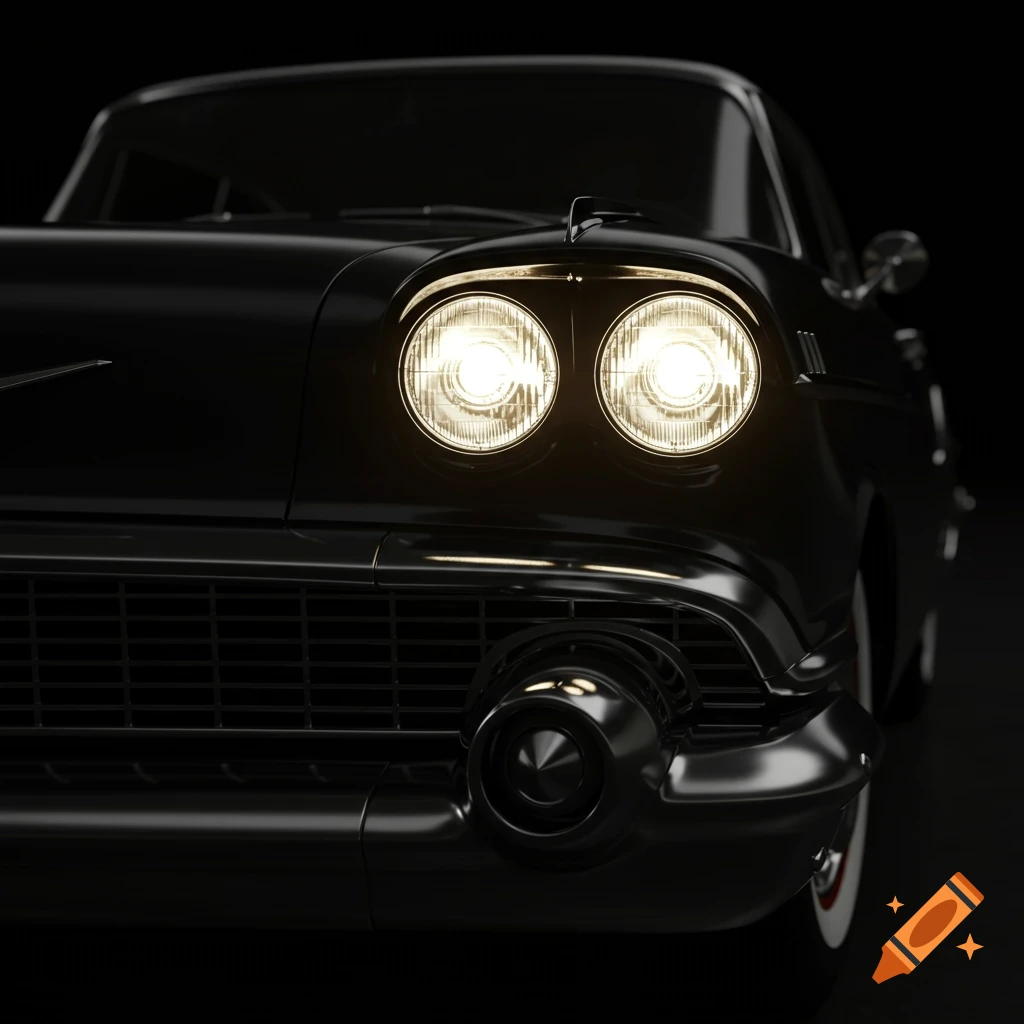 Close-up, low-angle shot of the front of a glossy black 1950s American car with bright headlights, against a dark background.