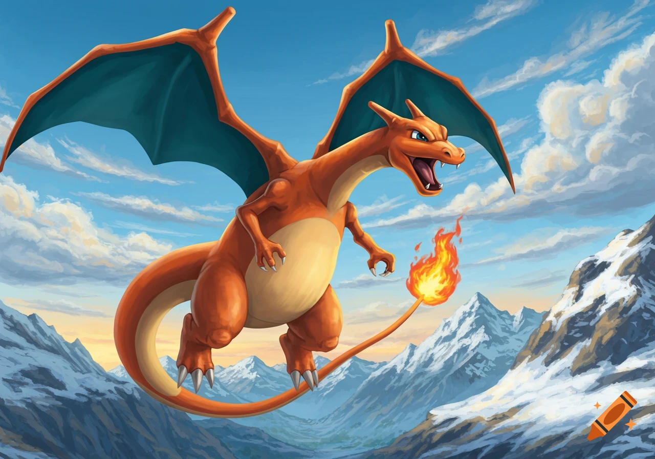 A vibrant illustration of Charizard flying majestically over snowy mountains, its tail ablaze, against a blue sky with clouds.