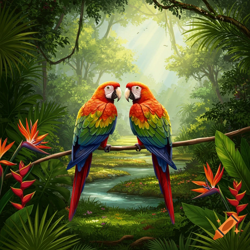 Two vibrant macaws perch on a branch in a lush, sunlit tropical jungle with a winding river and exotic flowers.