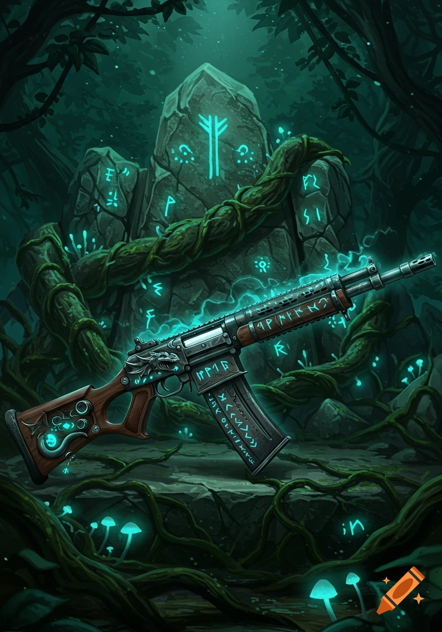 A stylized fantasy assault rifle with glowing runes and a dragon head, set in a dark, magical forest with ancient stones.