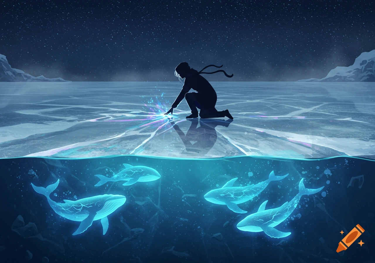 An anime-style image of a figure kneeling on glowing ice at night, with luminous whales swimming beneath the surface.