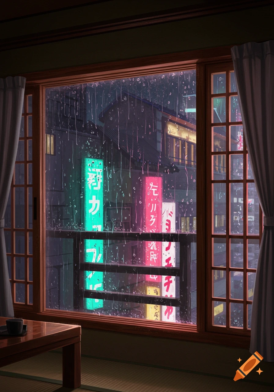 A room view from a window of a rainy Tokyo street at night with glowing neon signs and water droplets on the glass.