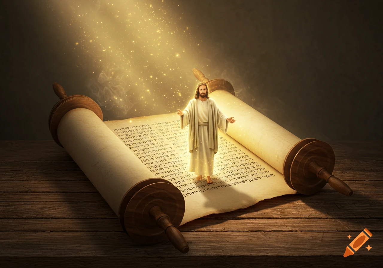 A radiant Jesus with open arms stands on an ancient Torah scroll, illuminated by golden light and sparkling dust.