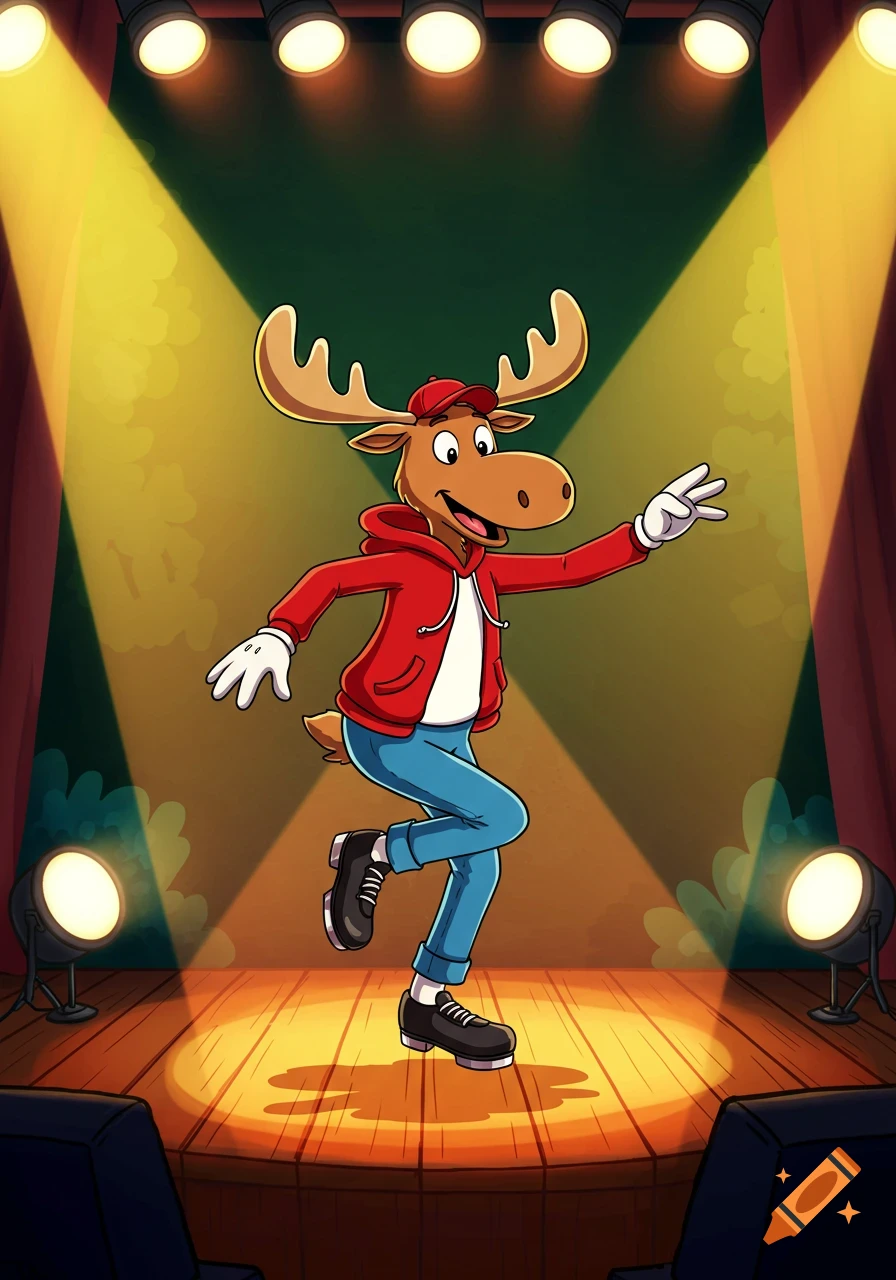 A 2D cartoon anthropomorphic moose in a red hoodie and tap shoes tap dancing on a spotlight-lit stage.