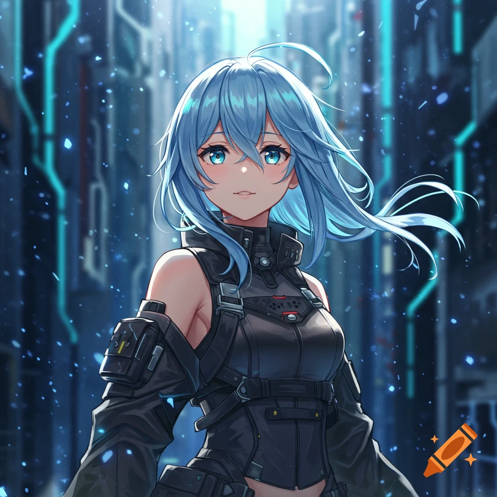 An anime girl with light blue hair and eyes, wearing a black tactical outfit, stands in a futuristic city with glowing blue lines, digital art style.