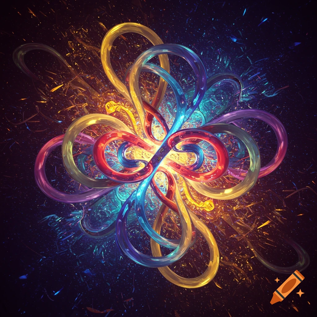 A vibrant abstract design with glowing, intertwining, multi-colored tubular shapes against a dark background with sparkling light.