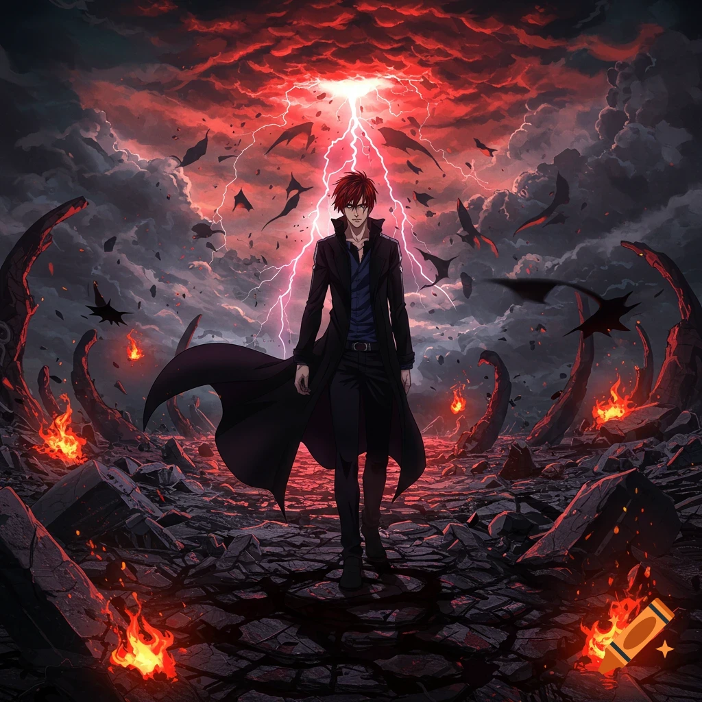 Anime male with red hair in a long black coat stands in a dark, fiery, stormy landscape with red lightning and flying creatures.