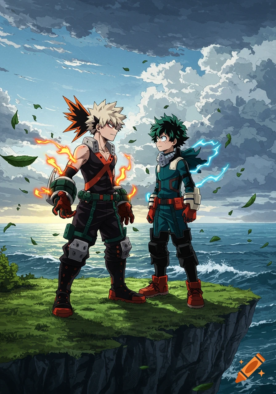 Anime characters Bakugo and Deku from My Hero Academia stand on a cliff by the ocean, powers active.