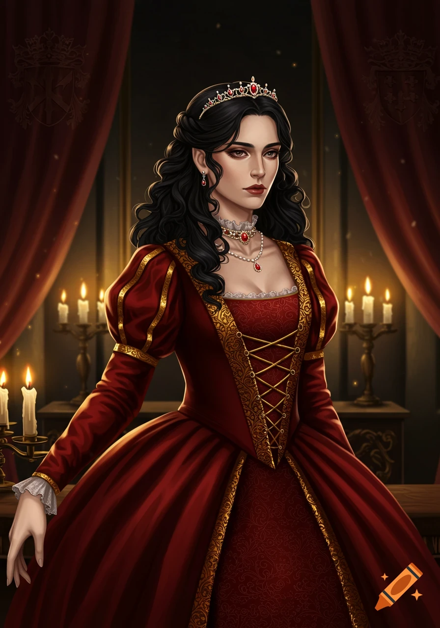 A regal woman with dark wavy hair in a red and gold gown, crown, and jewels, depicted in a detailed fantasy illustration style, stands in a dimly lit room with candles.