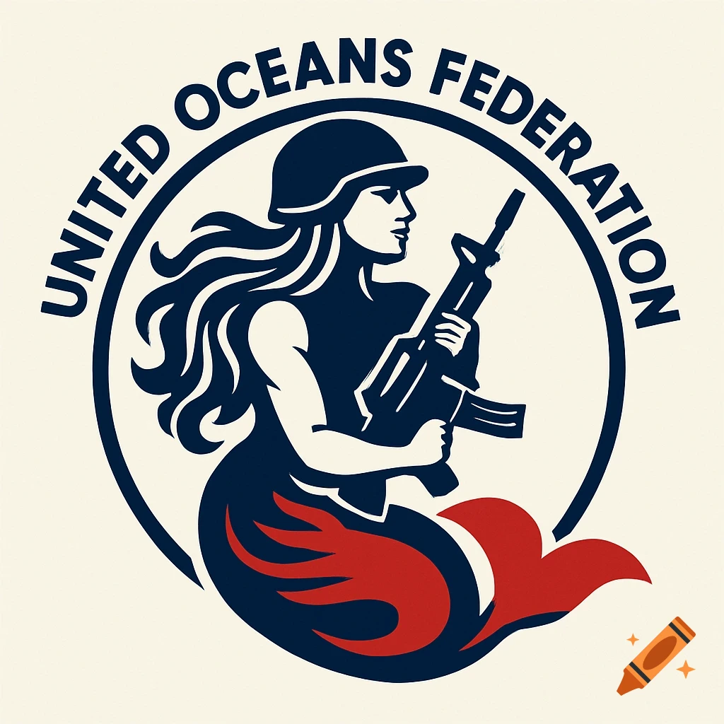 Circular logo with a mermaid in a soldier helmet holding a machine gun, text 'UNITED OCEANS FEDERATION' above. Stylized in blue, red, white.