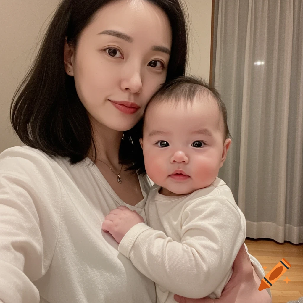 A young East Asian woman gently holds a baby, both looking directly at the camera. The baby has dark hair and plump cheeks.