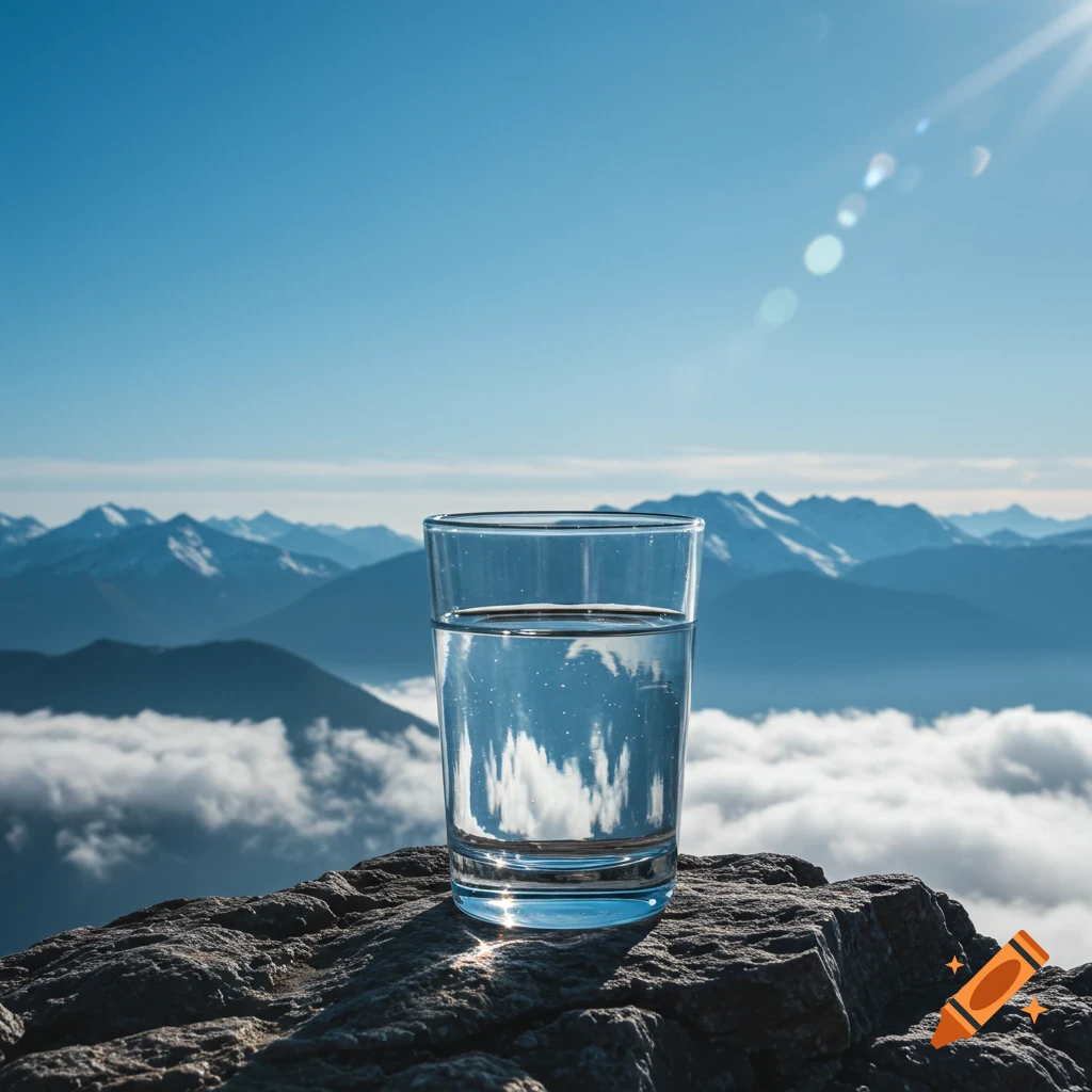 A clear glass of water sits on a rocky mountain peak with snow-capped mountains and clouds in the background under a blue sky.