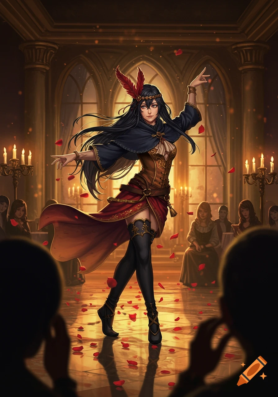 A dark-haired woman in a historical fantasy outfit dances in a grand hall, surrounded by rose petals and candelabras, in an anime art style.