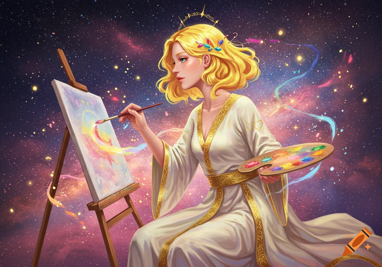 A blonde-haired goddess in a white robe paints a celestial crescent and stars on an easel amidst a starry, colorful galaxy.