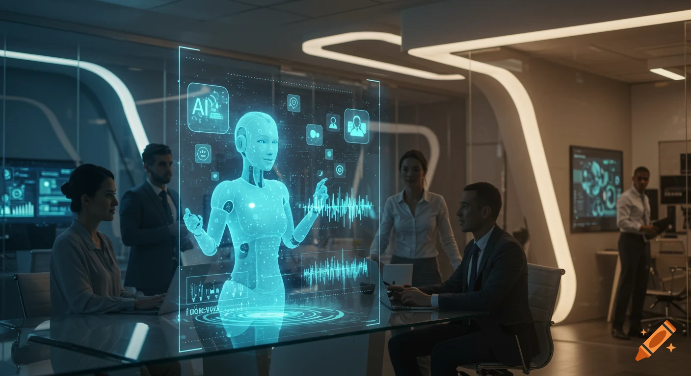 A holographic AI agent assists employees in a modern, high-tech office with digital screens and ambient lighting.