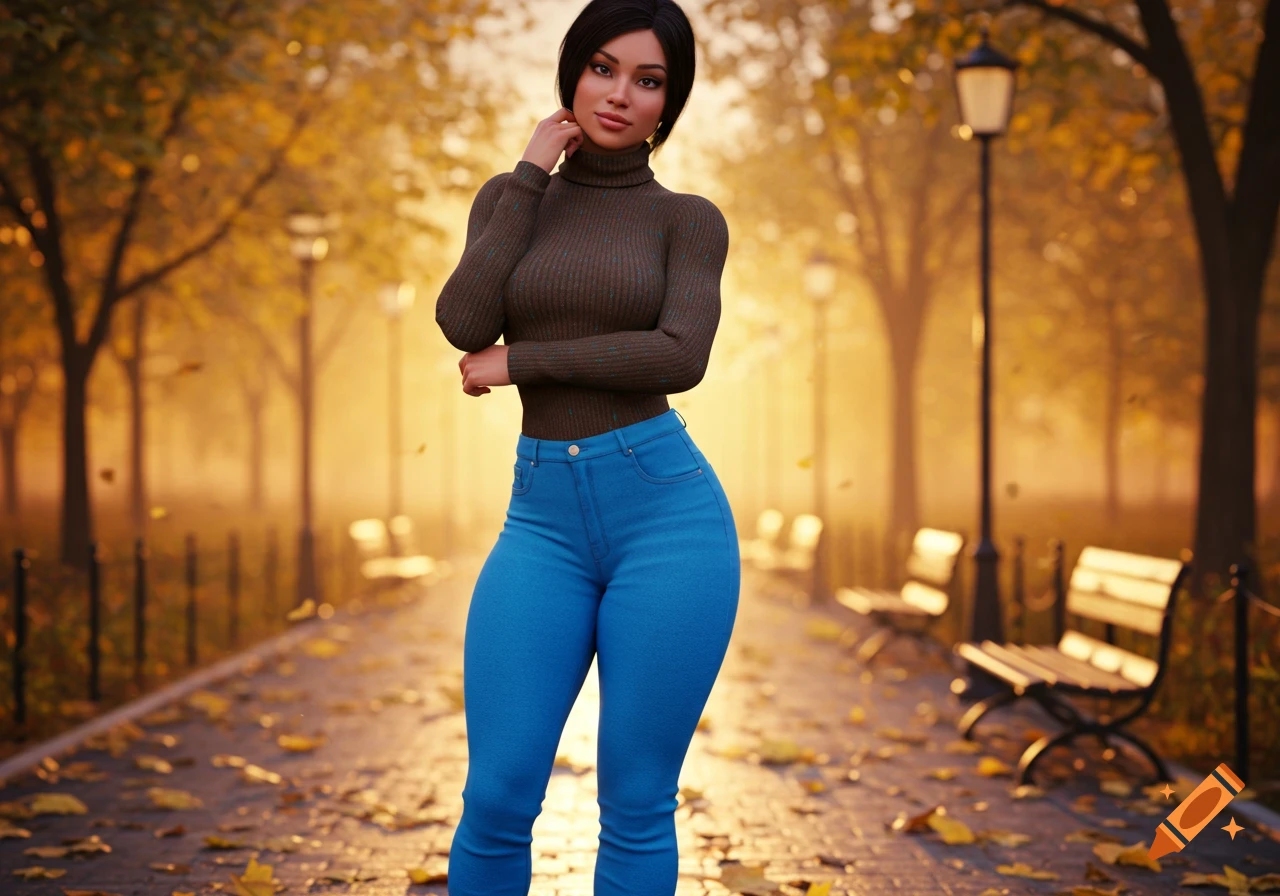 A photorealistic image of a woman in a brown turtleneck and blue jeans standing on a leaf-strewn path in an autumn park.