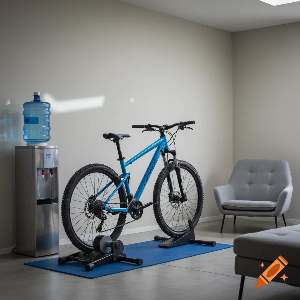 A blue mountain bike on a stationary trainer sits on a blue mat next to a water cooler in a minimalist room with a grey armchair.