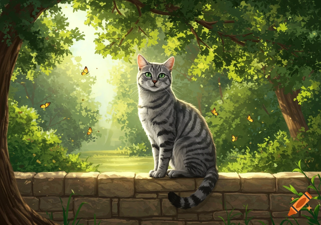 A grey tabby cat with green eyes sits on a stone wall in a sunlit, lush green forest with butterflies flying around, in a painted style.